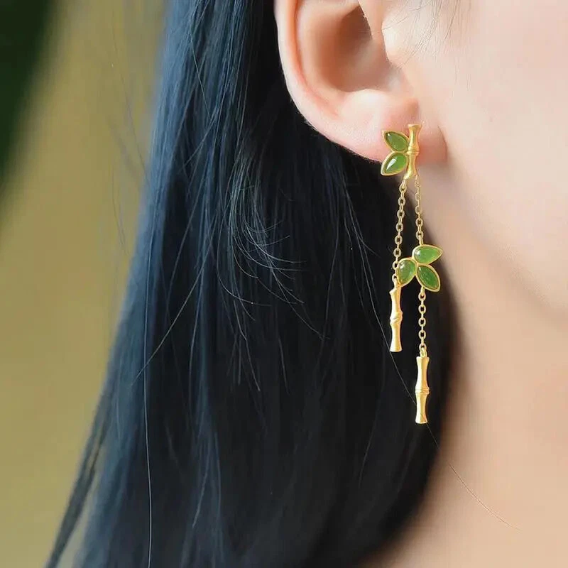 Jasper Eardrops Long Classical Bamboo Earrings